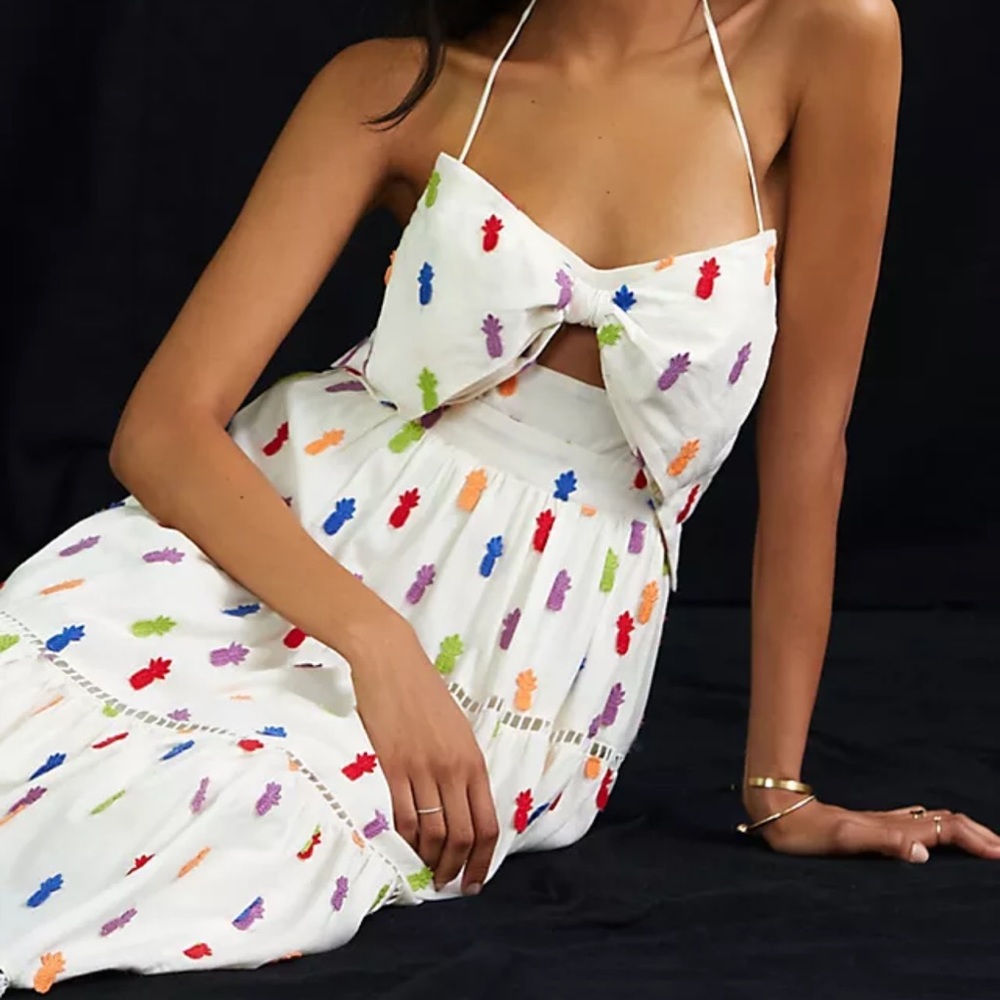 Anthropology midi dress with pineapple details and beautiful bow on the bust.